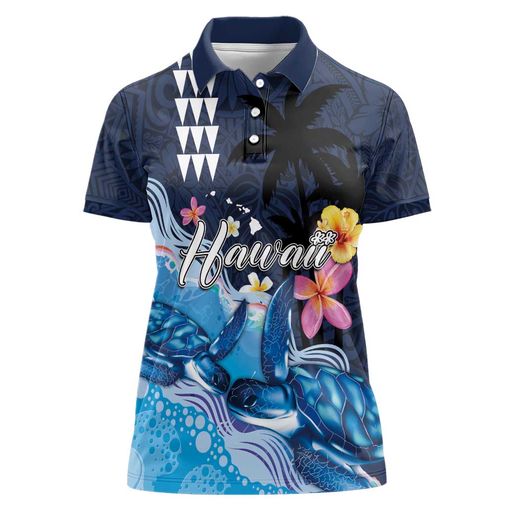 Hawaiian Honu Honi Ihu Women Polo Shirt With Plumeria and Kakau Art Pattern