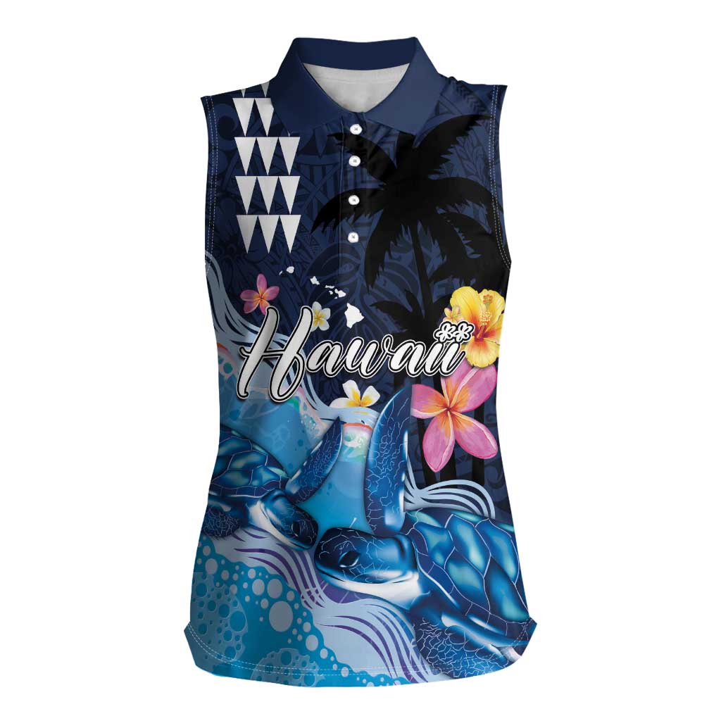 Hawaiian Honu Honi Ihu Women Sleeveless Polo Shirt With Plumeria and Kakau Art Pattern