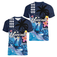 Hawaiian Honu Honi Ihu Women V-Neck T-Shirt With Plumeria and Kakau Art Pattern