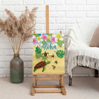 Aloha Turtle Family on The Beach Canvas Wall Art with Hawaiian Colorful Plumeria