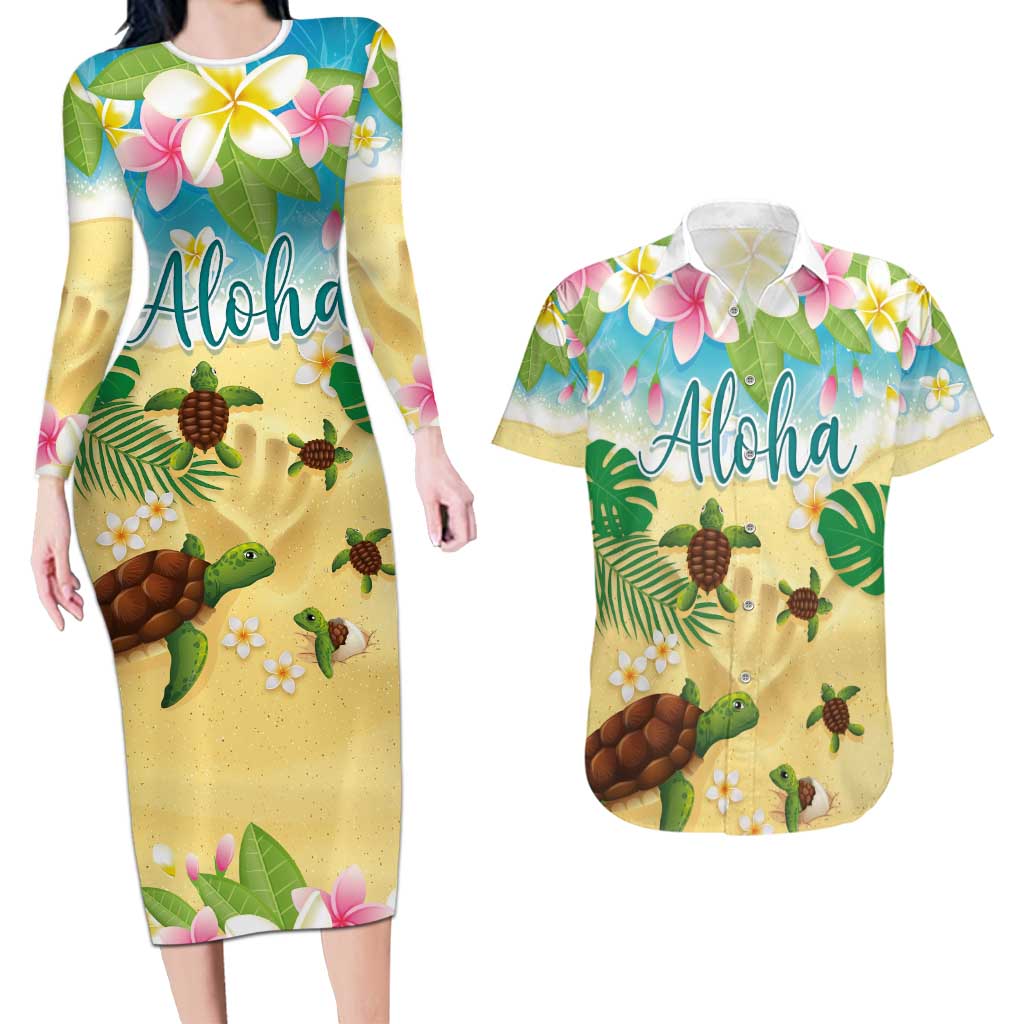 Aloha Turtle Family on The Beach Couples Matching Long Sleeve Bodycon Dress and Hawaiian Shirt with Hawaiian Colorful Plumeria