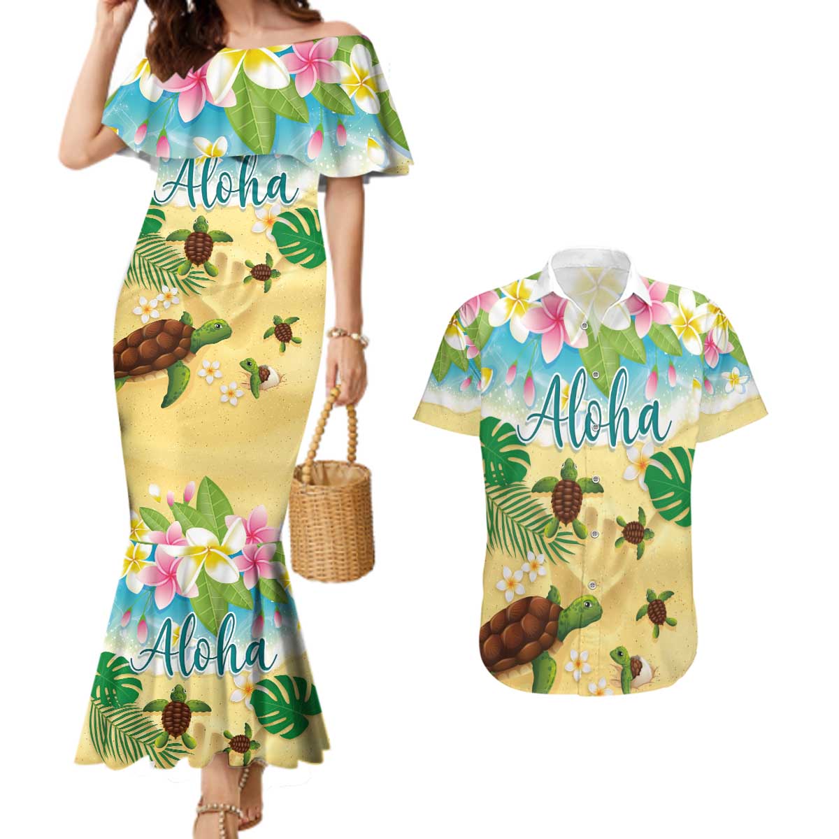 Aloha Turtle Family on The Beach Couples Matching Mermaid Dress and Hawaiian Shirt with Hawaiian Colorful Plumeria