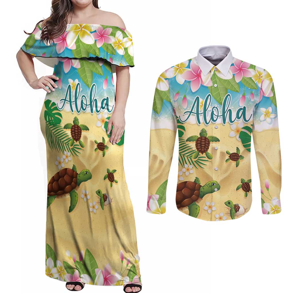 Aloha Turtle Family on The Beach Couples Matching Off Shoulder Maxi Dress and Long Sleeve Button Shirt with Hawaiian Colorful Plumeria