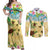 Aloha Turtle Family on The Beach Couples Matching Off Shoulder Maxi Dress and Long Sleeve Button Shirt with Hawaiian Colorful Plumeria