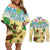 Aloha Turtle Family on The Beach Couples Matching Off Shoulder Short Dress and Long Sleeve Button Shirt with Hawaiian Colorful Plumeria