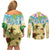 Aloha Turtle Family on The Beach Couples Matching Off Shoulder Short Dress and Long Sleeve Button Shirt with Hawaiian Colorful Plumeria