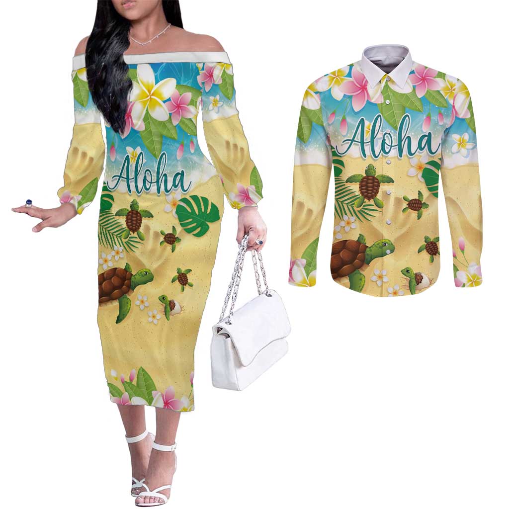 Aloha Turtle Family on The Beach Couples Matching Off The Shoulder Long Sleeve Dress and Long Sleeve Button Shirt with Hawaiian Colorful Plumeria