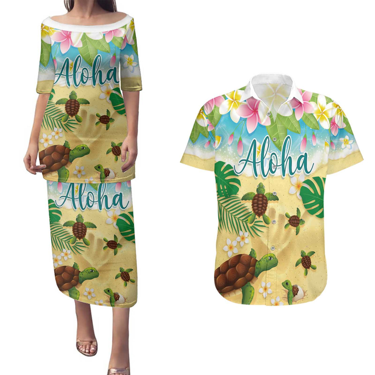 Aloha Turtle Family on The Beach Couples Matching Puletasi and Hawaiian Shirt with Hawaiian Colorful Plumeria