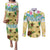 Aloha Turtle Family on The Beach Couples Matching Puletasi and Long Sleeve Button Shirt with Hawaiian Colorful Plumeria