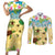 Aloha Turtle Family on The Beach Couples Matching Short Sleeve Bodycon Dress and Long Sleeve Button Shirt with Hawaiian Colorful Plumeria