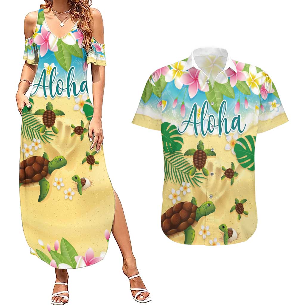 Aloha Turtle Family on The Beach Couples Matching Summer Maxi Dress and Hawaiian Shirt with Hawaiian Colorful Plumeria