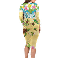 Aloha Turtle Family on The Beach Family Matching Long Sleeve Bodycon Dress and Hawaiian Shirt with Hawaiian Colorful Plumeria