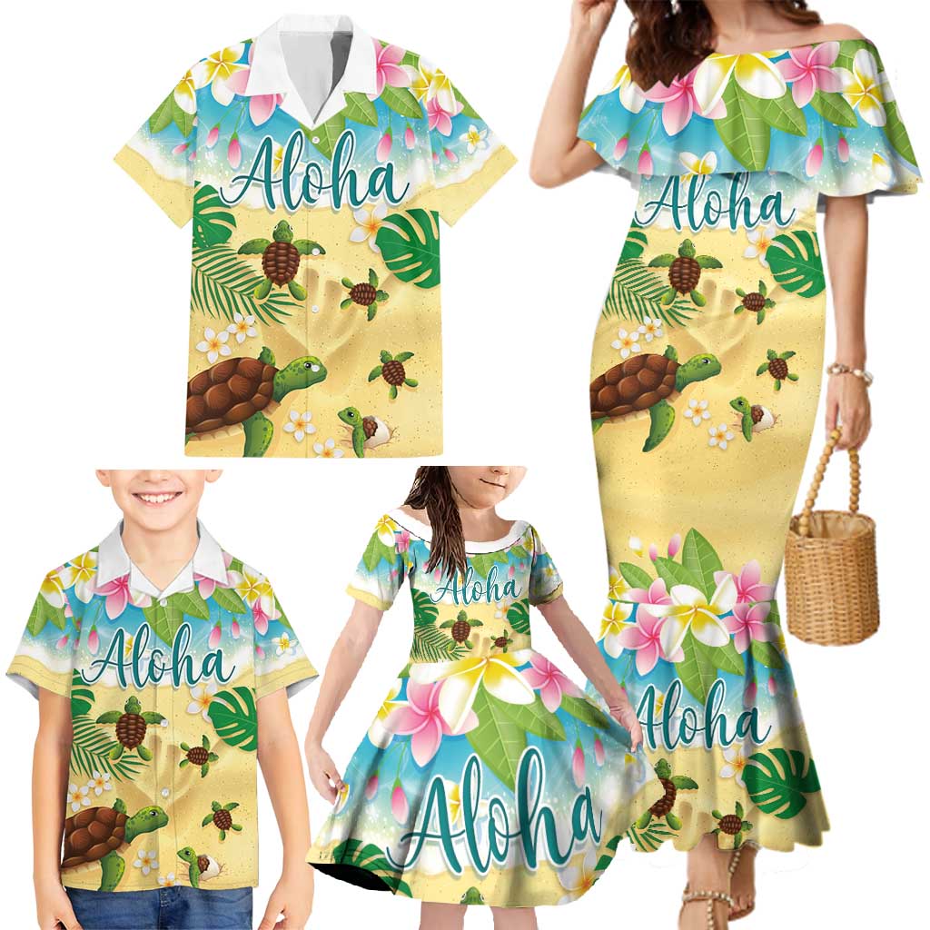 Aloha Turtle Family on The Beach Family Matching Mermaid Dress and Hawaiian Shirt with Hawaiian Colorful Plumeria