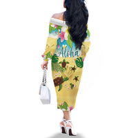 Aloha Turtle Family on The Beach Family Matching Off The Shoulder Long Sleeve Dress and Hawaiian Shirt with Hawaiian Colorful Plumeria