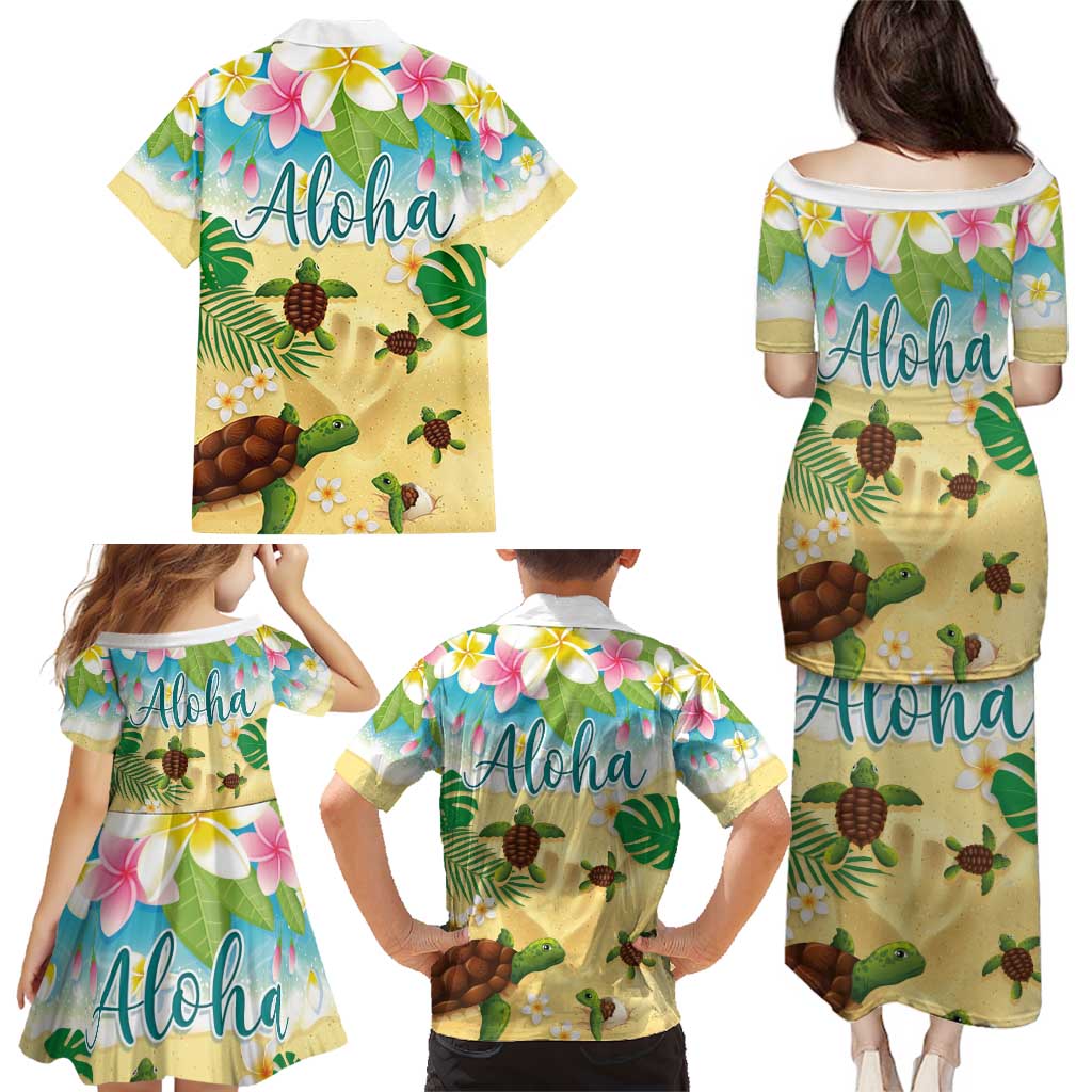 Aloha Turtle Family on The Beach Family Matching Puletasi and Hawaiian Shirt with Hawaiian Colorful Plumeria