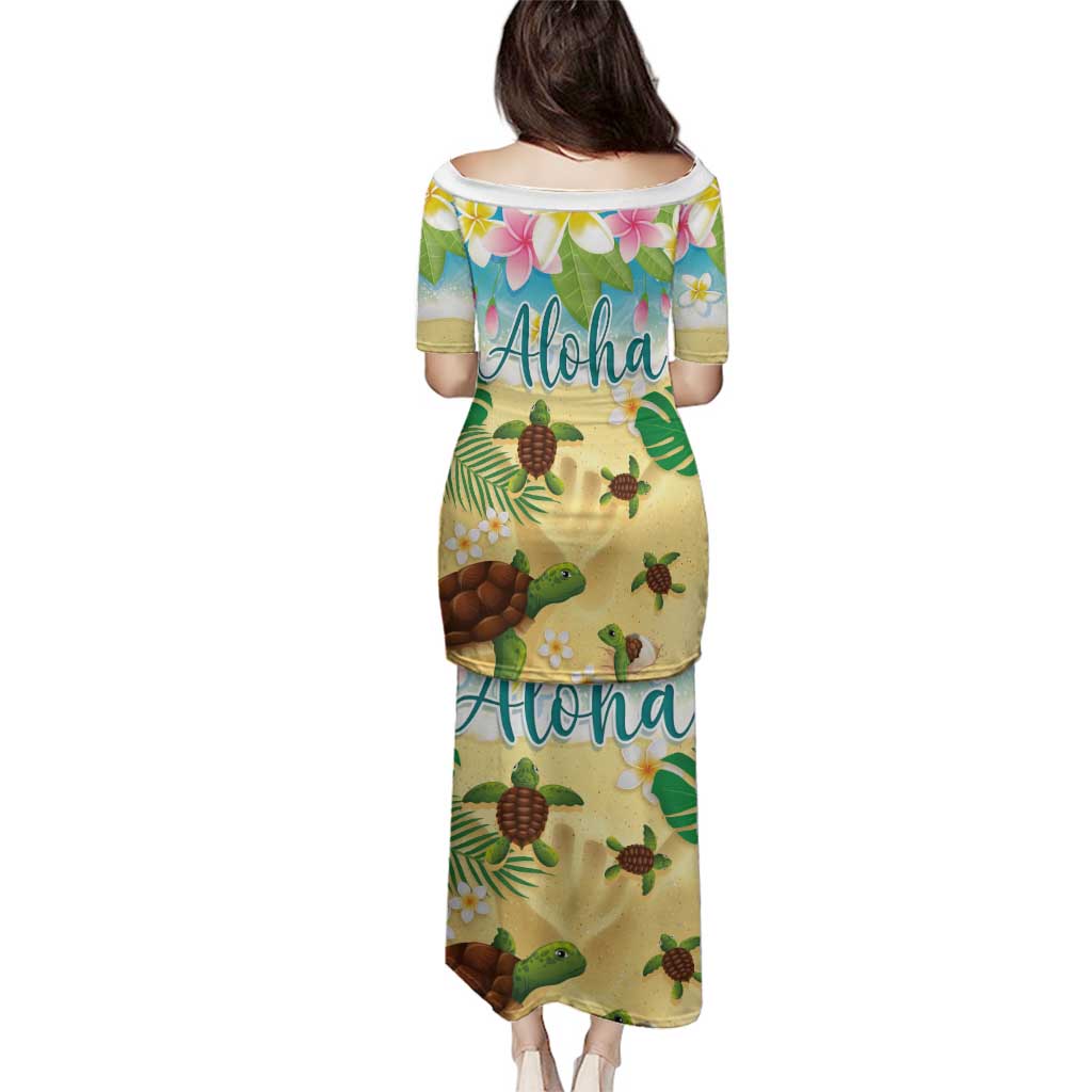 Aloha Turtle Family on The Beach Family Matching Puletasi and Hawaiian Shirt with Hawaiian Colorful Plumeria