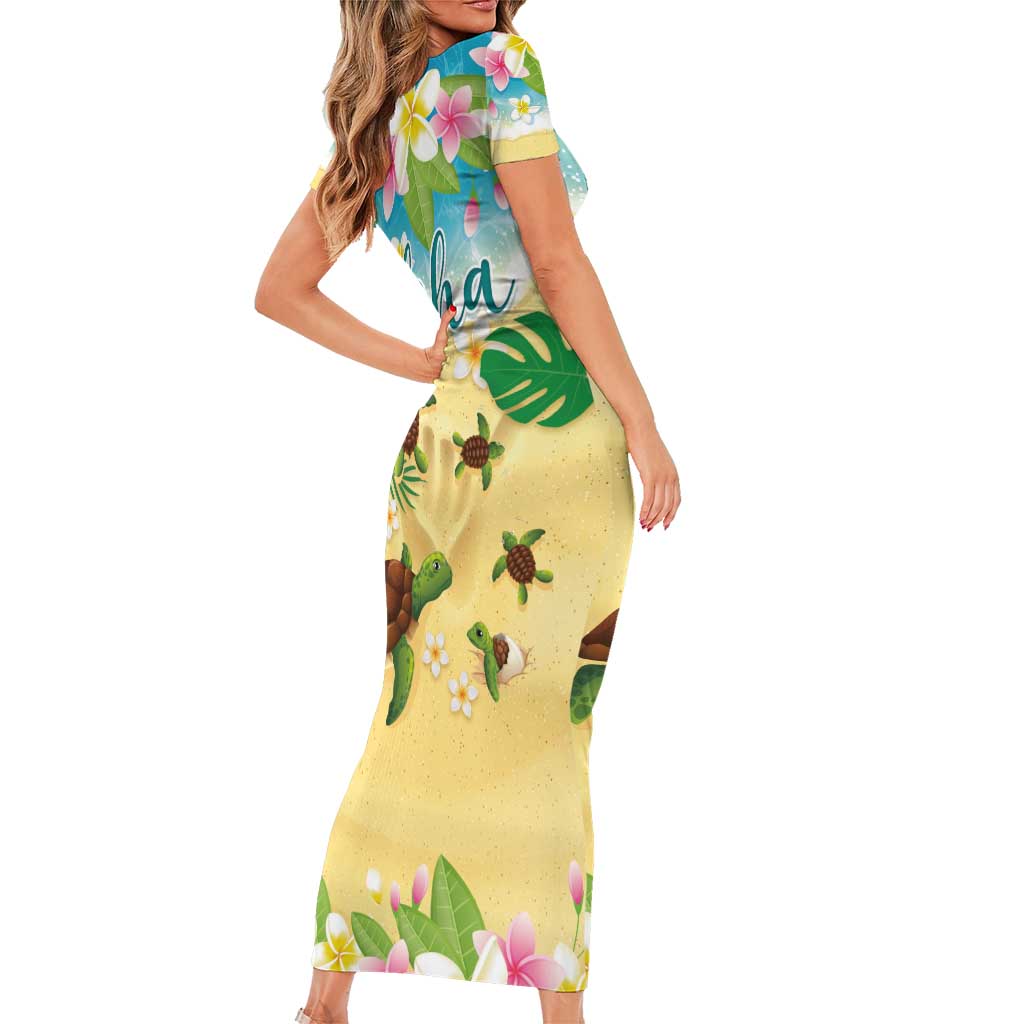 Aloha Turtle Family on The Beach Family Matching Short Sleeve Bodycon Dress and Hawaiian Shirt with Hawaiian Colorful Plumeria