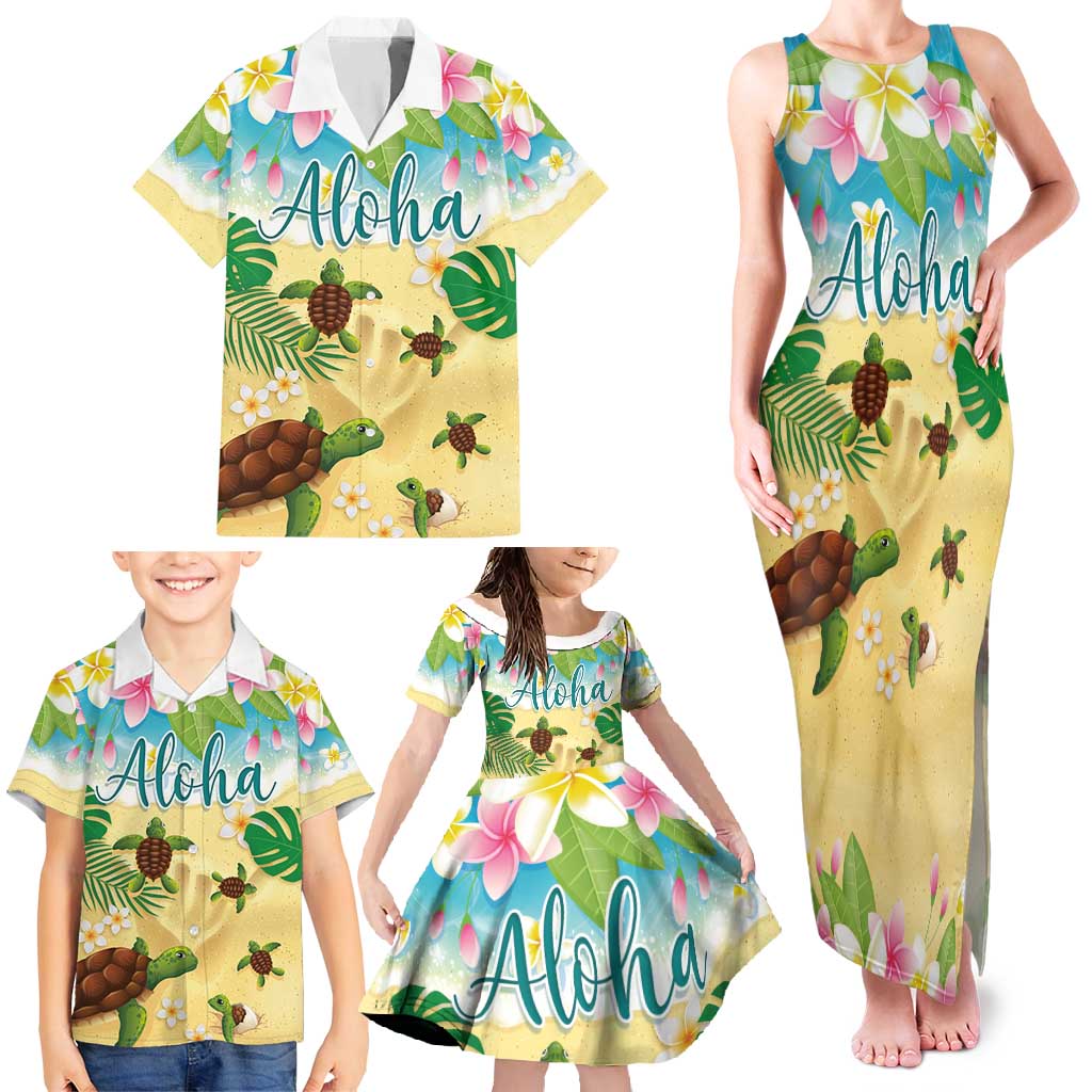 Aloha Turtle Family on The Beach Family Matching Tank Maxi Dress and Hawaiian Shirt with Hawaiian Colorful Plumeria