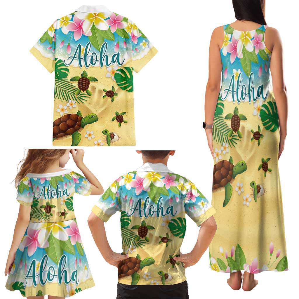 Aloha Turtle Family on The Beach Family Matching Tank Maxi Dress and Hawaiian Shirt with Hawaiian Colorful Plumeria