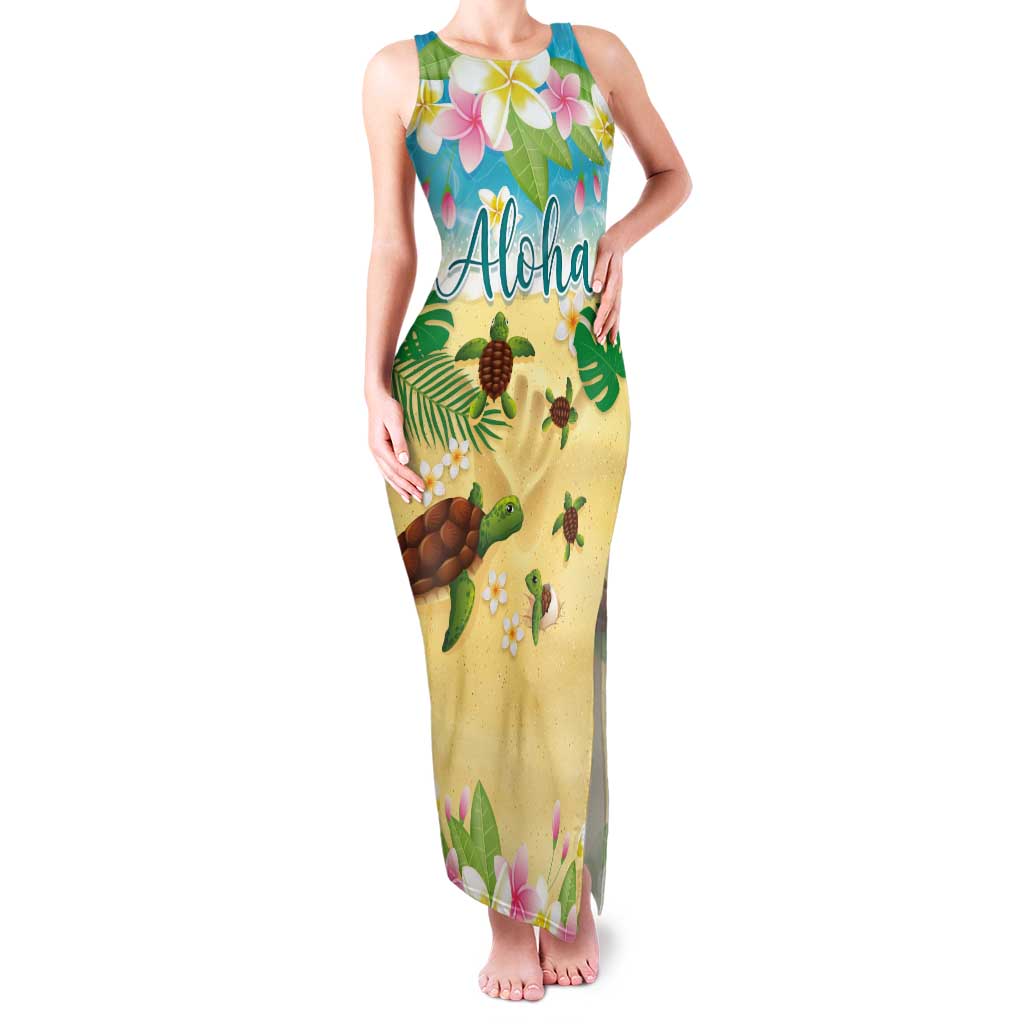 Aloha Turtle Family on The Beach Family Matching Tank Maxi Dress and Hawaiian Shirt with Hawaiian Colorful Plumeria