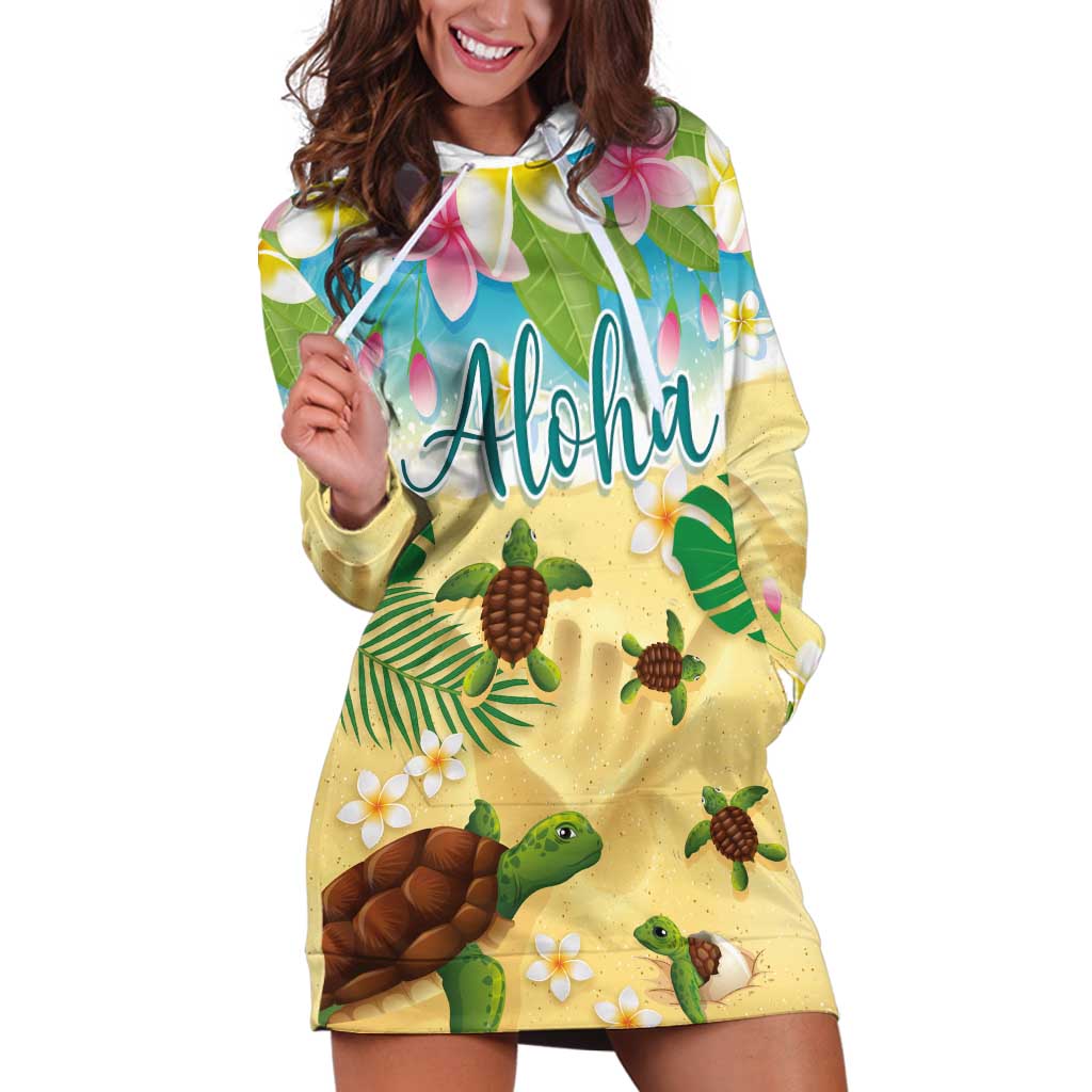 Aloha Turtle Family on The Beach Hoodie Dress with Hawaiian Colorful Plumeria