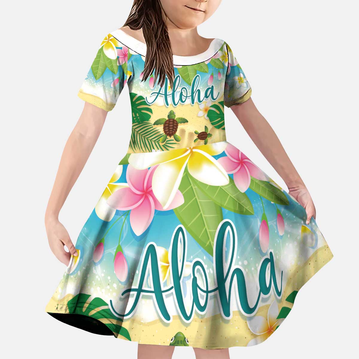 Aloha Turtle Family on The Beach Kid Short Sleeve Dress with Hawaiian Colorful Plumeria