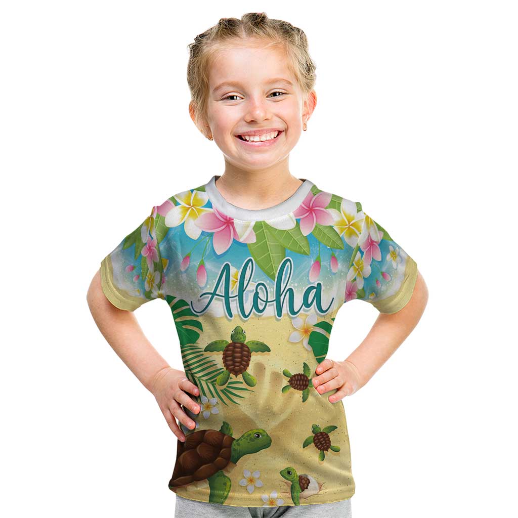 Aloha Turtle Family on The Beach Kid T Shirt with Hawaiian Colorful Plumeria