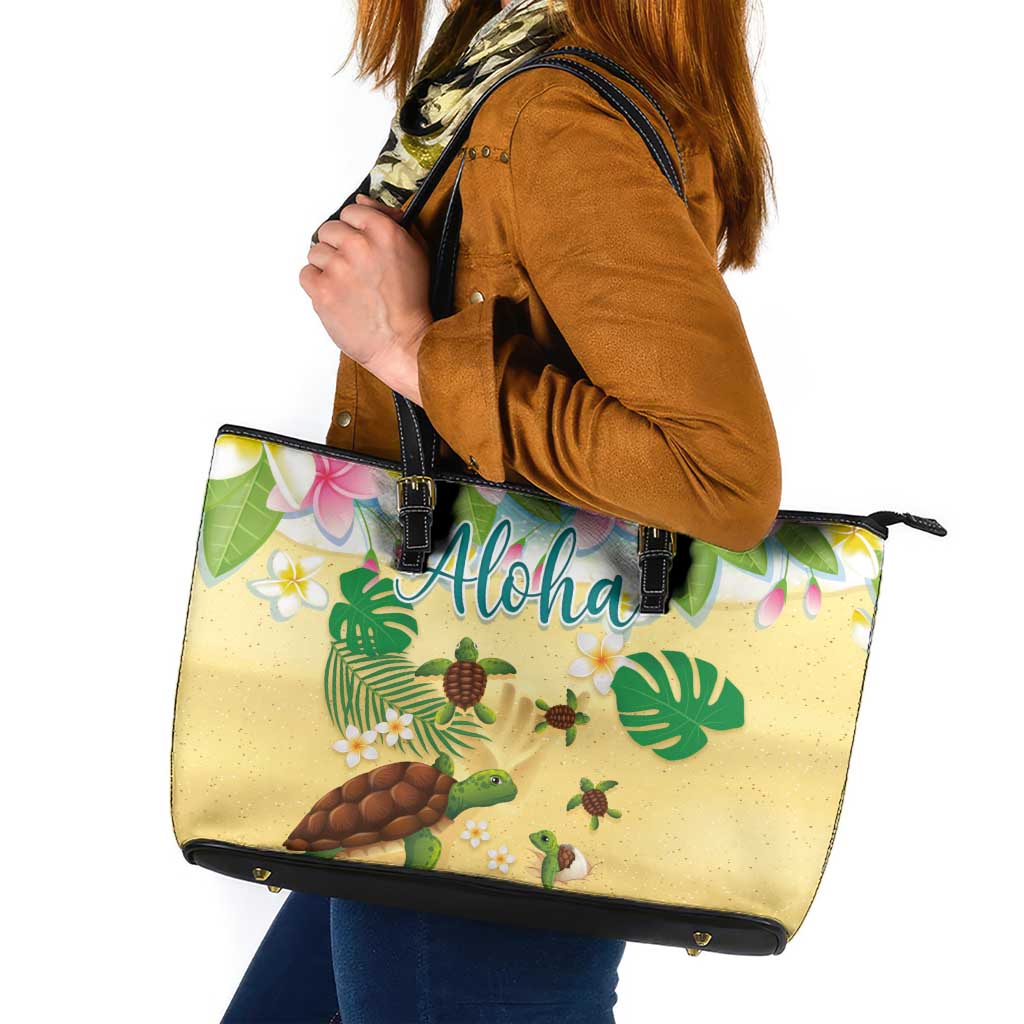 Aloha Turtle Family on The Beach Leather Tote Bag with Hawaiian Colorful Plumeria