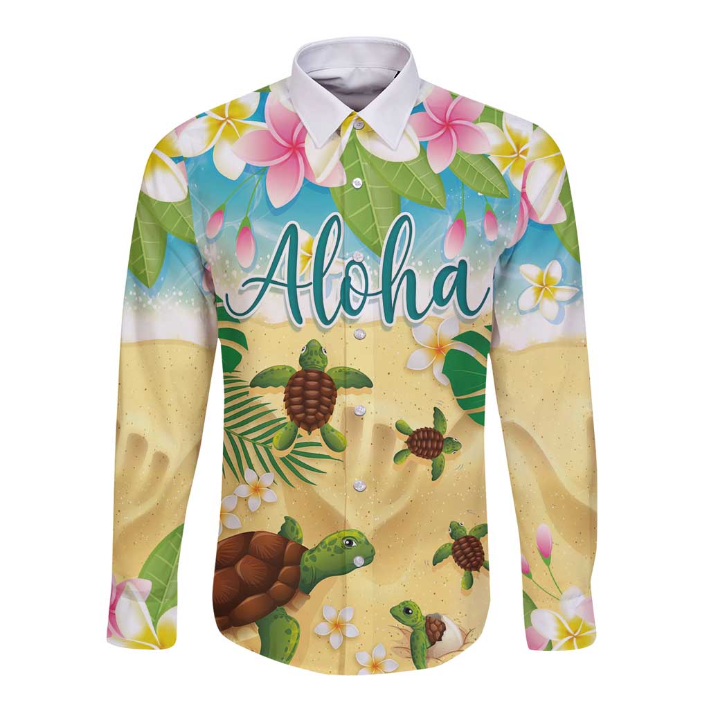 Aloha Turtle Family on The Beach Long Sleeve Button Shirt with Hawaiian Colorful Plumeria