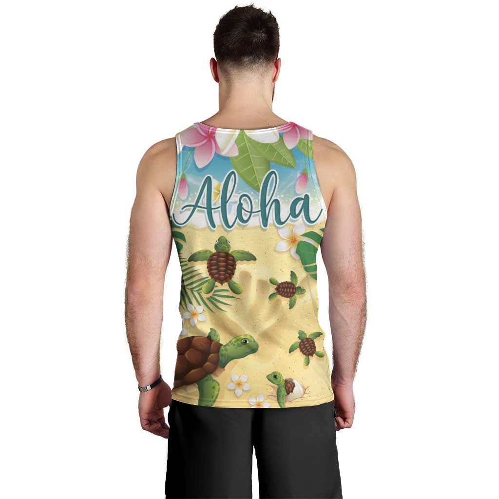 Aloha Turtle Family on The Beach Men Tank Top with Hawaiian Colorful Plumeria