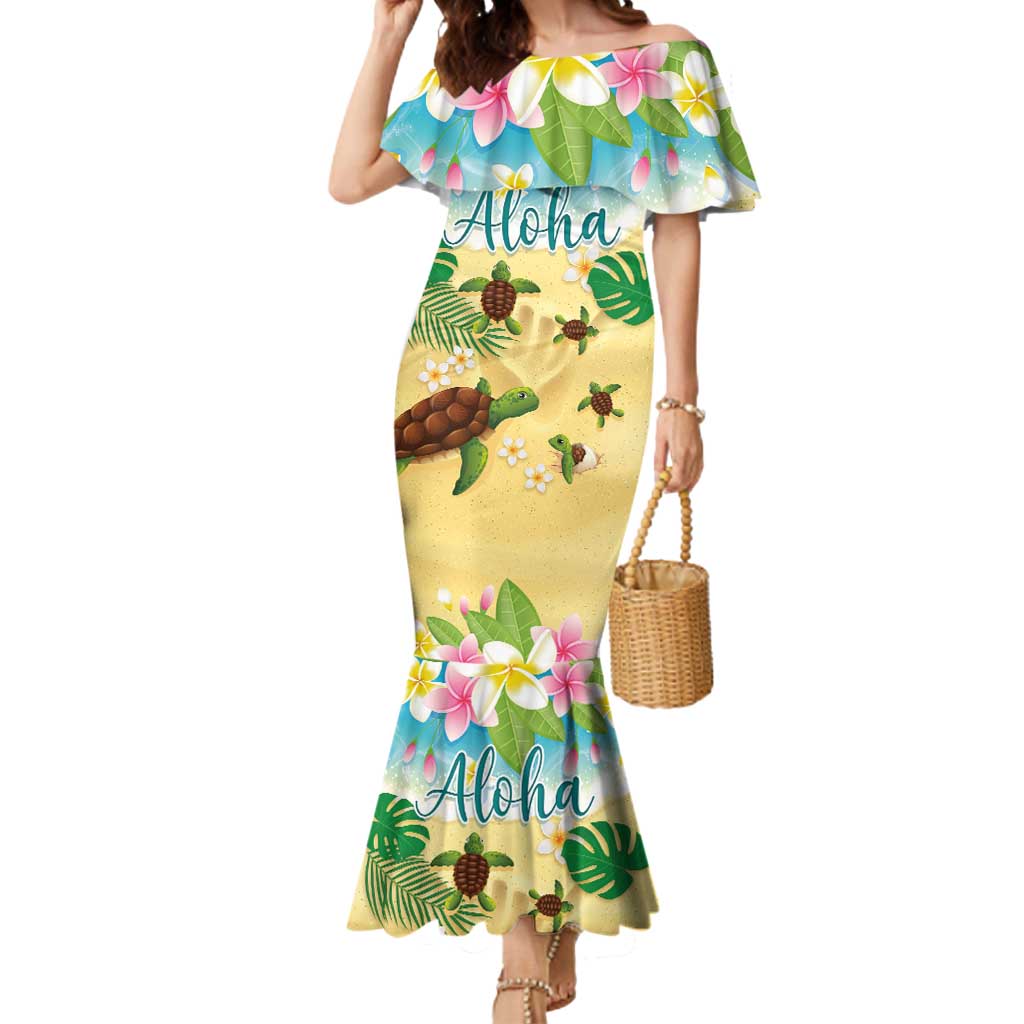 Aloha Turtle Family on The Beach Mermaid Dress with Hawaiian Colorful Plumeria