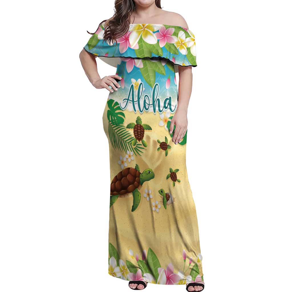 Aloha Turtle Family on The Beach Off Shoulder Maxi Dress with Hawaiian Colorful Plumeria