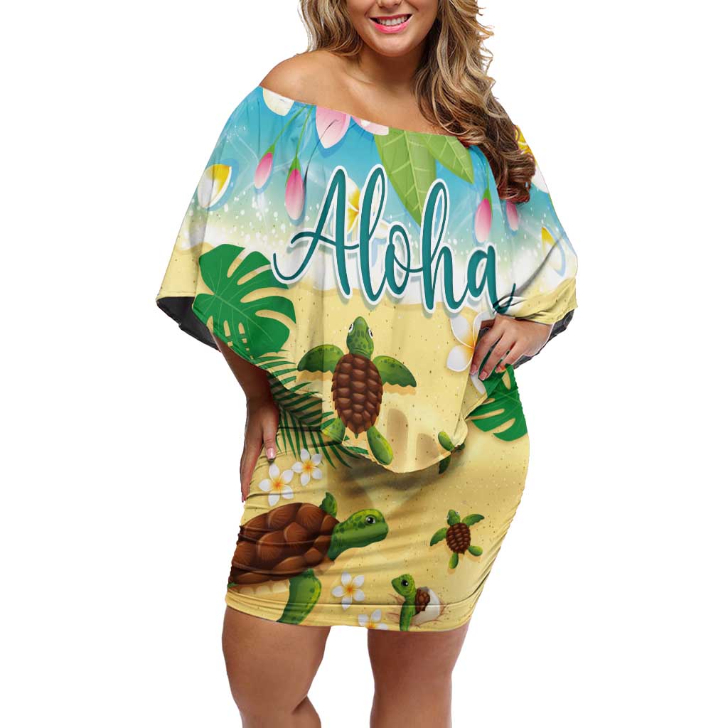 Aloha Turtle Family on The Beach Off Shoulder Short Dress with Hawaiian Colorful Plumeria