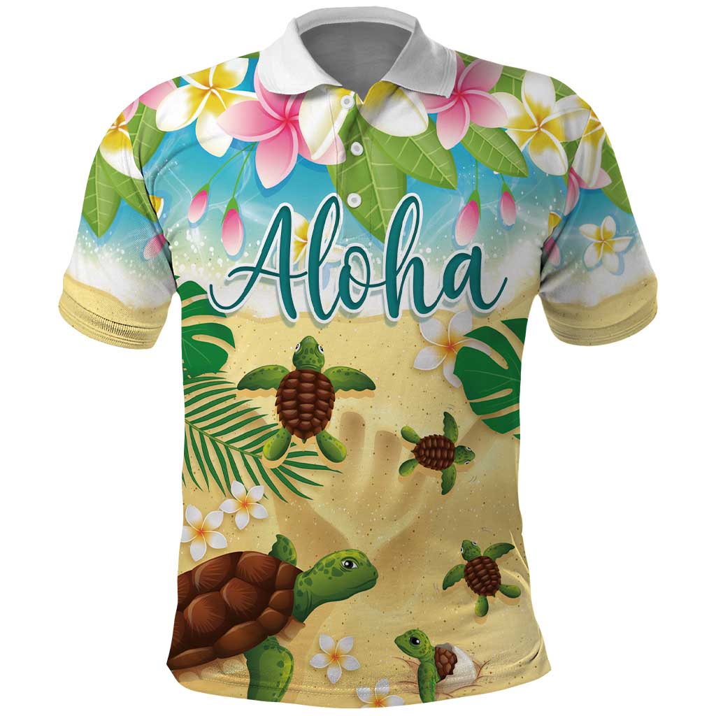 Aloha Turtle Family on The Beach Polo Shirt with Hawaiian Colorful Plumeria