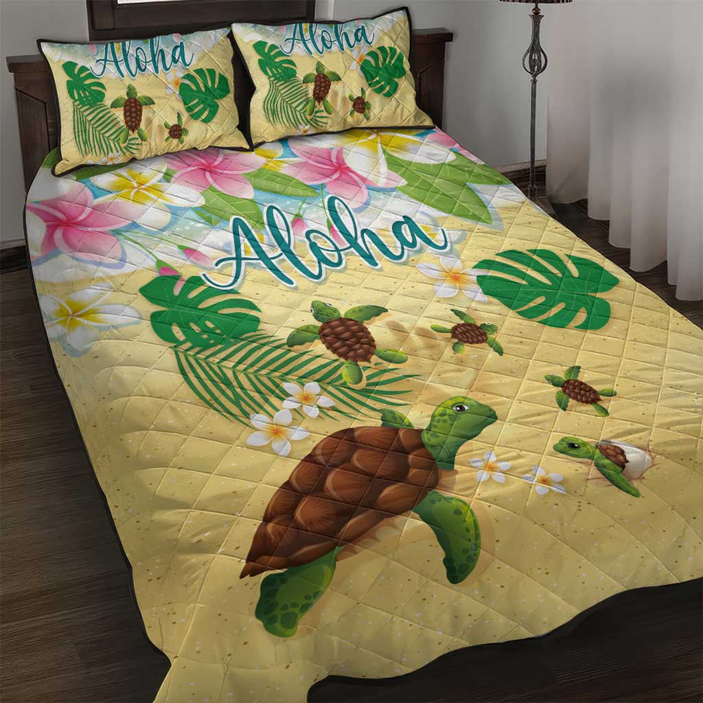 Aloha Turtle Family on The Beach Quilt Bed Set with Hawaiian Colorful Plumeria