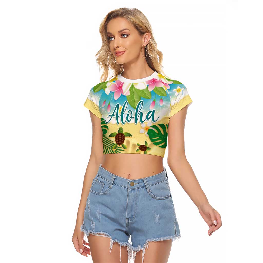 Aloha Turtle Family on The Beach Raglan Cropped T Shirt with Hawaiian Colorful Plumeria