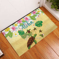 Aloha Turtle Family on The Beach Rubber Doormat with Hawaiian Colorful Plumeria