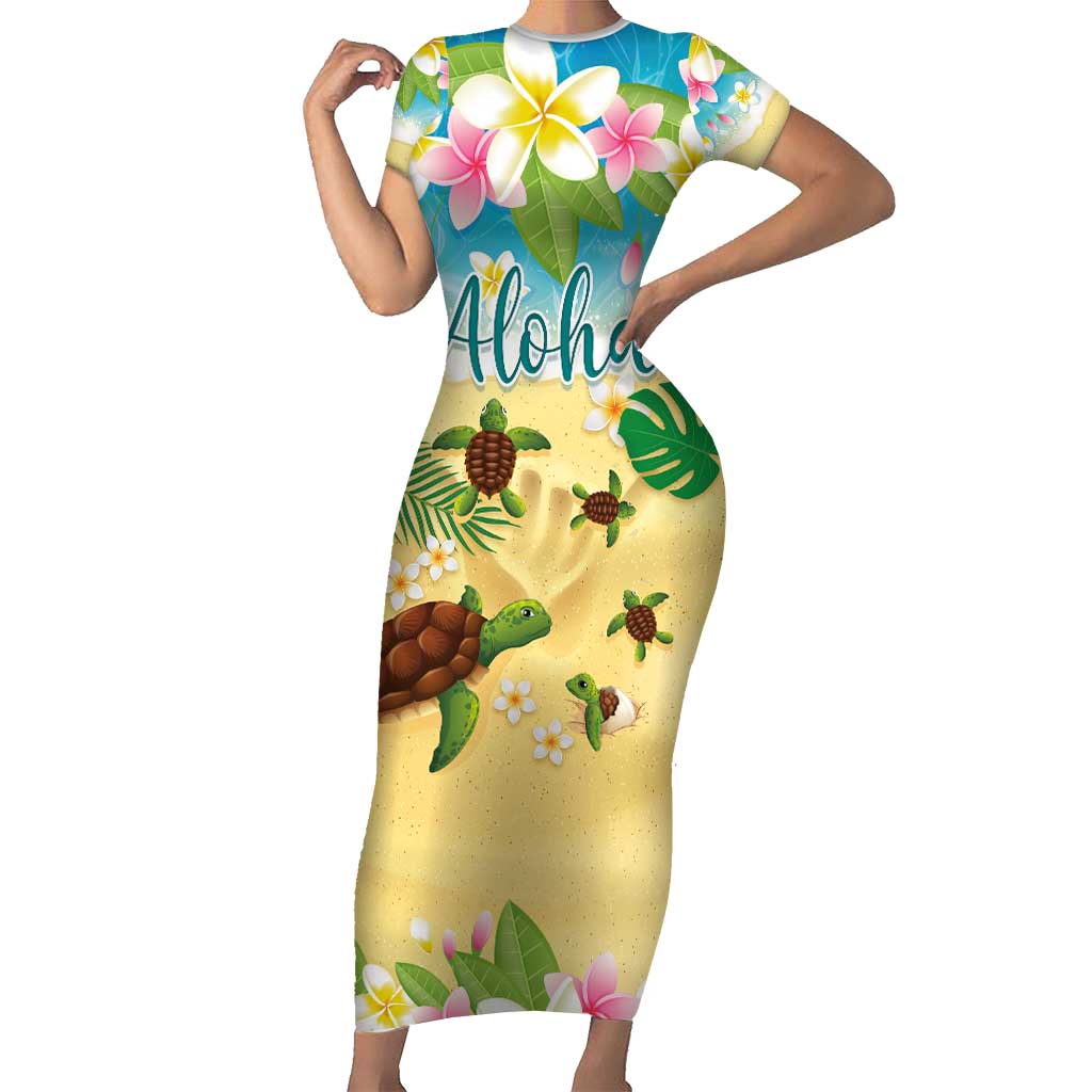 Aloha Turtle Family on The Beach Short Sleeve Bodycon Dress with Hawaiian Colorful Plumeria