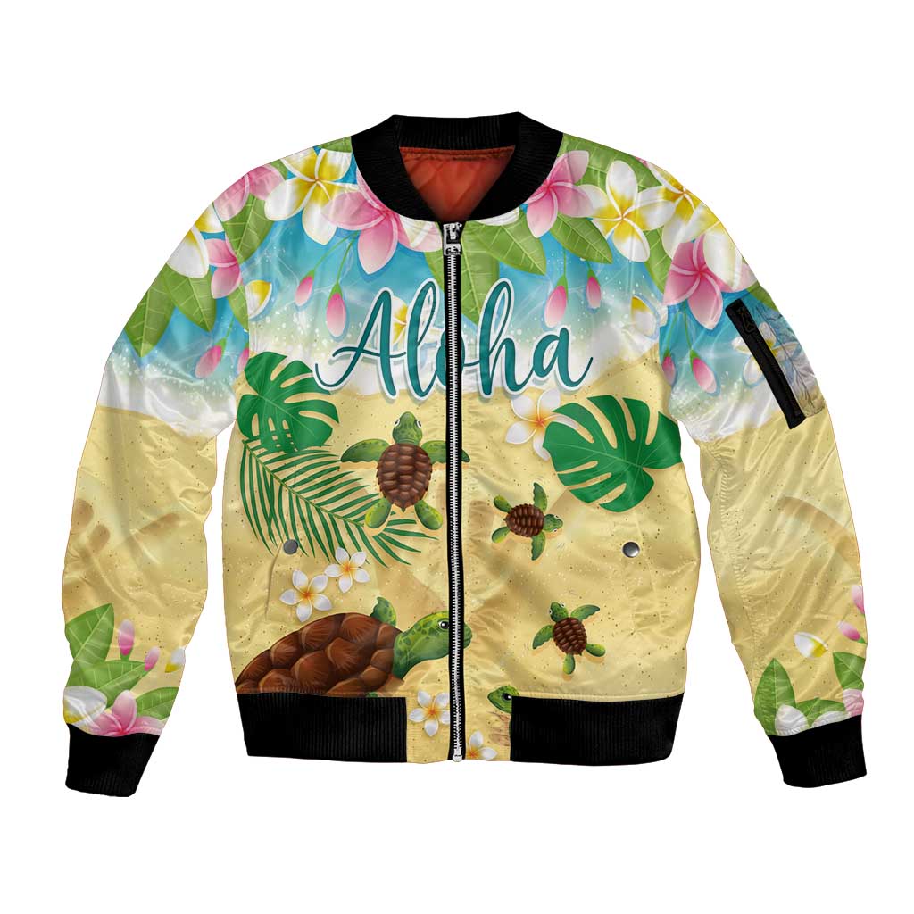 Aloha Turtle Family on The Beach Sleeve Zip Bomber Jacket with Hawaiian Colorful Plumeria