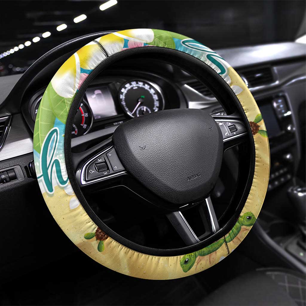 Aloha Turtle Family on The Beach Steering Wheel Cover with Hawaiian Colorful Plumeria