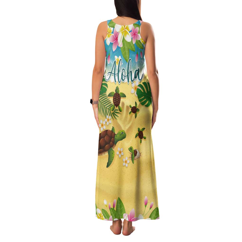 Aloha Turtle Family on The Beach Tank Maxi Dress with Hawaiian Colorful Plumeria