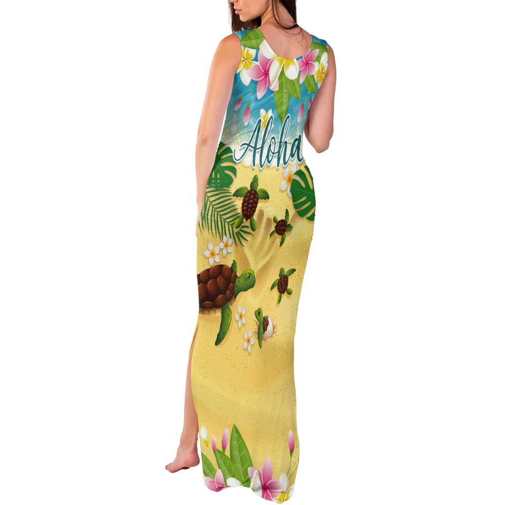 Aloha Turtle Family on The Beach Tank Maxi Dress with Hawaiian Colorful Plumeria