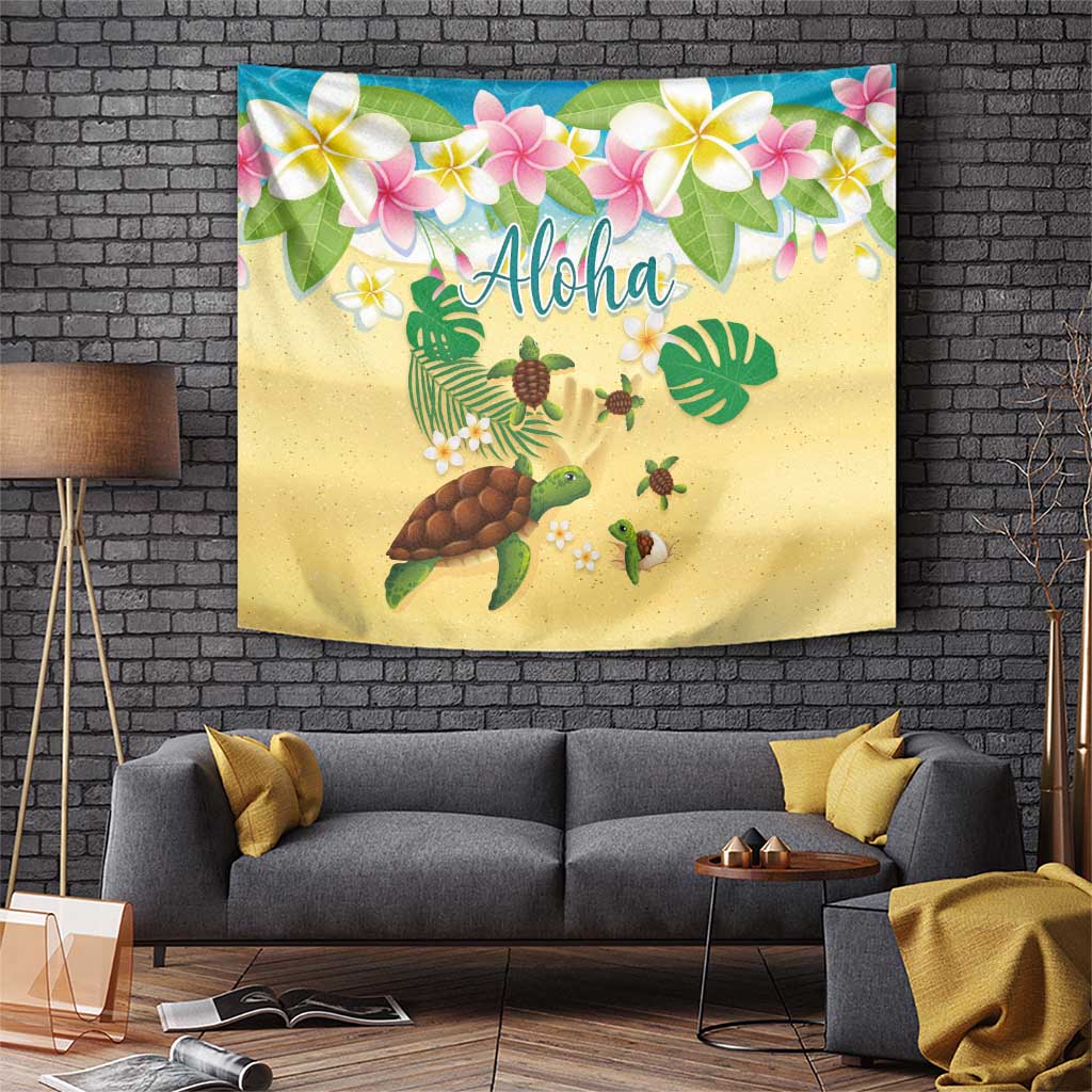 Aloha Turtle Family on The Beach Tapestry with Hawaiian Colorful Plumeria