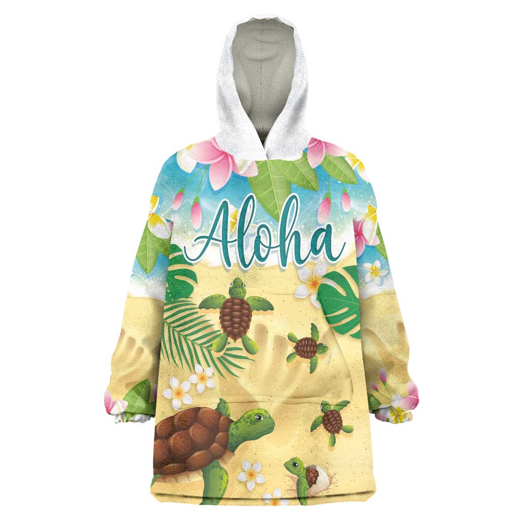 Aloha Turtle Family on The Beach Wearable Blanket Hoodie with Hawaiian Colorful Plumeria