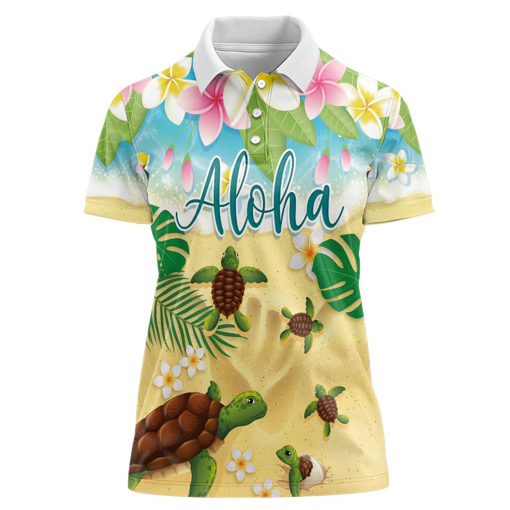 Aloha Turtle Family on The Beach Women Polo Shirt with Hawaiian Colorful Plumeria