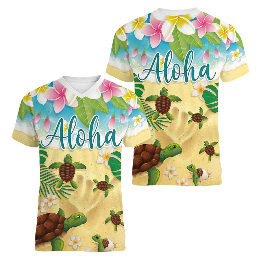 Aloha Turtle Family on The Beach Women V-Neck T-Shirt with Hawaiian Colorful Plumeria