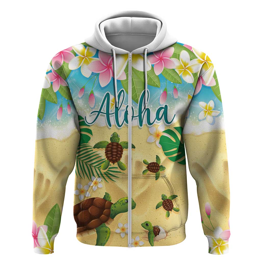 Aloha Turtle Family on The Beach Zip Hoodie with Hawaiian Colorful Plumeria