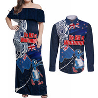 New Zealand Waitangi Couples Matching Off Shoulder Maxi Dress and Long Sleeve Button Shirt Te Ra O Waitangi Maori Kiwis Bird LT03 Blue - Polynesian Pride
