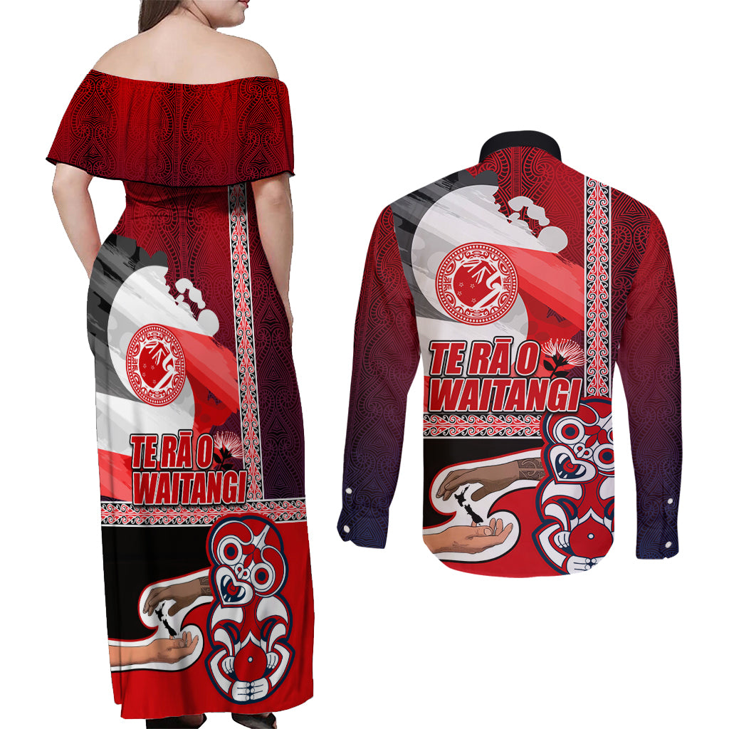 Maori Waitangi Couples Matching Off Shoulder Maxi Dress and Long Sleeve Button Shirt Hei-tiki Koru with Tino Rangatiratanga Maori Flag LT03 - Polynesian Pride