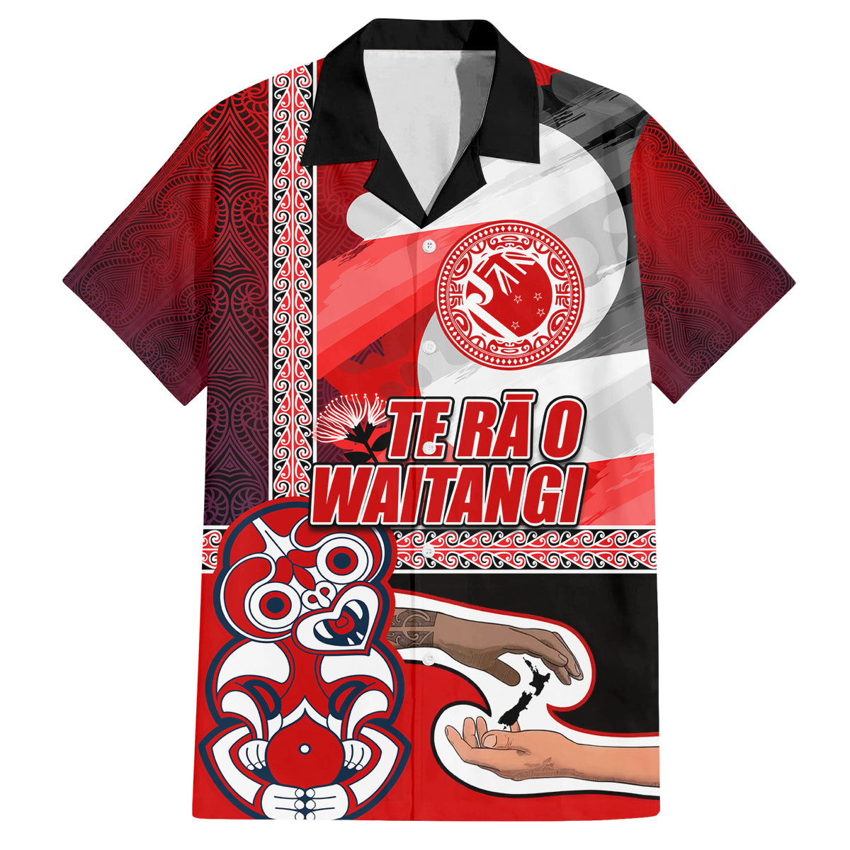 Maori Waitangi Family Matching Off Shoulder Long Sleeve Dress and Hawaiian Shirt Hei-tiki Koru with Tino Rangatiratanga Maori Flag LT03 Dad's Shirt - Short Sleeve Red - Polynesian Pride